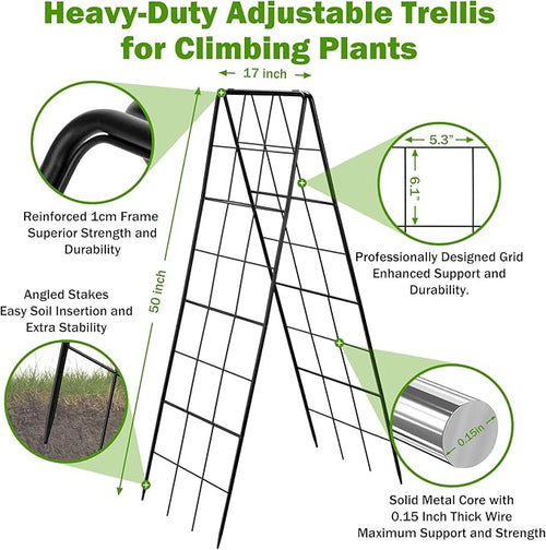2 Pack 50" Tall A Frame Trellis for Climbing Plants Outdoor (50" X 17") – Heavy Duty Garden Adjustable Trellis, Metal Trellis for Cucumbers, Beans, Tomatoes, Grapes, and Vining Vegetables