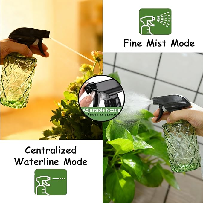 YYTSGG Green Glass Plant Mister Bottle, 12oz Refillable Water Spray Bottle with Adjustable Mist Nozzle for Indoor Flowers, Outdoor Gardening, Cleaning, Hair and Pets Care