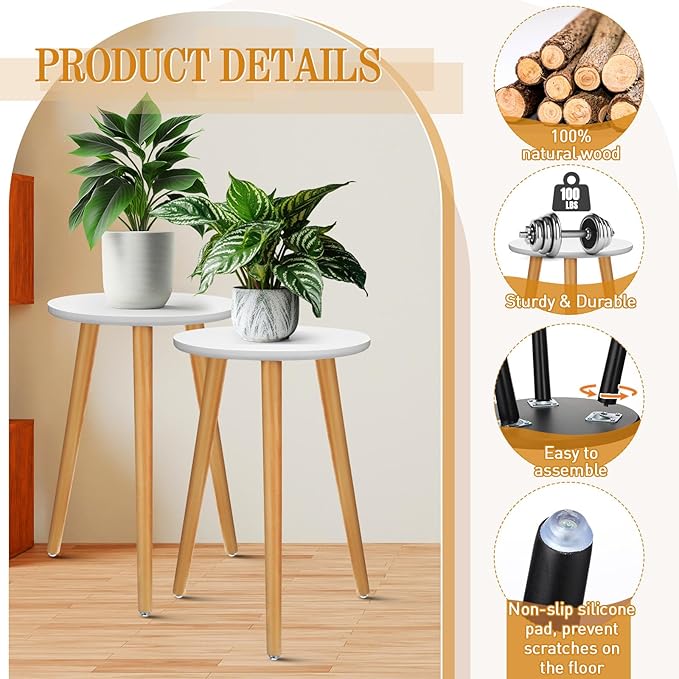 Briwooody 2 Pcs Wood Plant Stands Indoor Wooden Stool for Plants Mid Century Vintage Modern Flower Pots Holder Round Side Table End Table Plant Stools for Living Room Corner Balcony Decor(White)