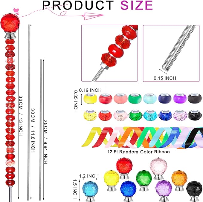 271 Pcs Beaded Garden Stakes Kit, DIY Fairy Wand Garden Stakes Beads Kit Colorful Large Hole Bead Crystal Stopper Top 9 Stainless Steel Threaded Rod Beaded Fairy Wands Supplies for Outdoor Decorative