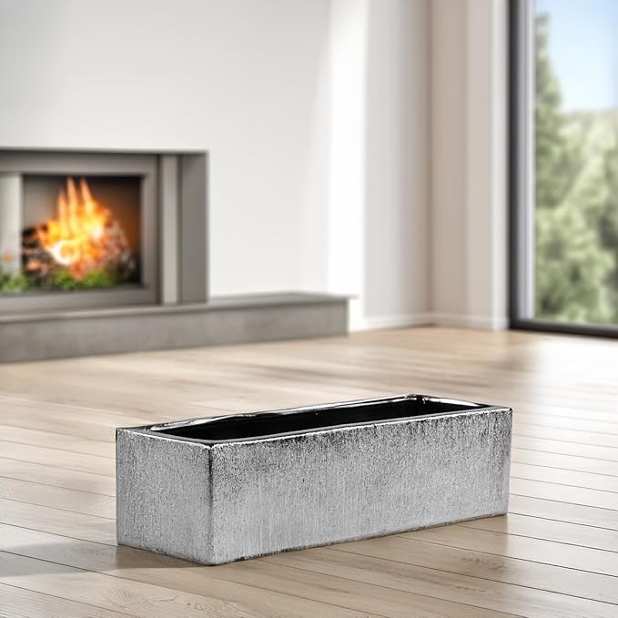 WGVI Long Rectangle Ceramic Planter Vase in Silver Etched 14" x 4" x 4"H, Rectangular Box Block Terrarium Pot, Flower Arrangement, Tabletop Centerpiece, Home Décor, Storage Container, 1 Pc.