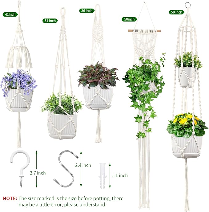 Macrame Plant Hangers 5Pack, Handmade Cotton Rope Hanging Planters for Indoor Plants w/ 5 Set Hooks Hanging Plant Holders Plant Hanger Indoor for Boho Home Decor (Ivory, Planter Pot Not Included)