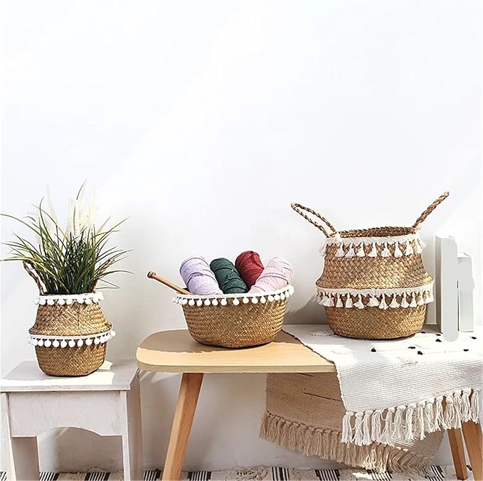 Snacko Handmade Bamboo Storage Baskets - Foldable Laundry Wicker Rattan Seagrass Belly Planter Baskets For Home Decor And Garden Use(Color 1,M 27cmX24cm)
