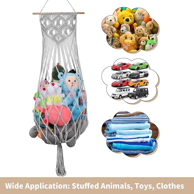 Stuffed Animal Storage w/ LED Star Light, 63 Inch Jumbo Toy Hammock Wall Ceiling Over Door Hanging Organizer Net for Stuffed Animals, Gray Stuffed Animals Hammock Corner for Kid Girls Boys Gift