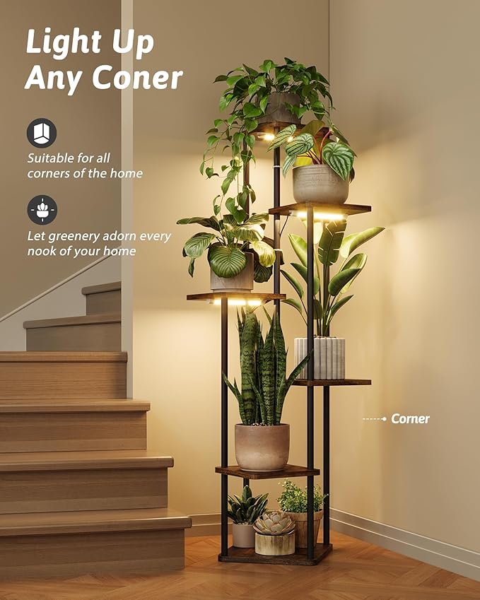 GENTINGBRO Plant Stand with Grow Light for Indoor Plants Corner Plant Stand 6 Tier Metal Plant Shelf Tall Plant Stand Plant Table Flower Stand for Living Room Bedroom Balcony Patio Brown Oak