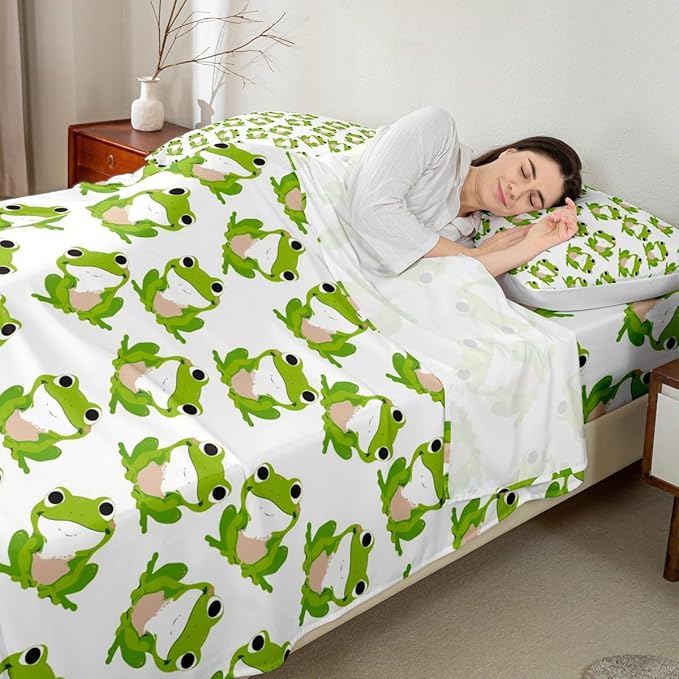 Kids Frog Sheet Set Cute Green Frogs Bed Sheets for Boys Girls Children Wild Animal Decor Bed Sheet Set Kawaii Pattern Bedding Set Bedroom Bed Set with Deep Pocket Fitted Sheet 4Pcs Queen Size