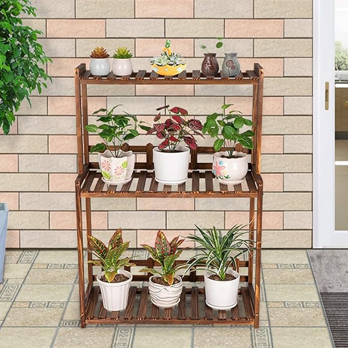 Ufine 3 Tier Wood Plant Stand Vertical Plant Display Shelf Indoor Ourdoor Plant Rack, Balcony Living Room, Kitchen, Porch Organizer Plants Holder