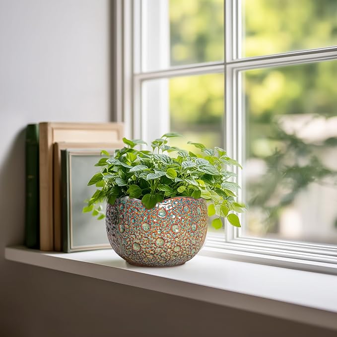 Ceramic Plant Pots - 6 Inch Plant Pot with Drainage Hole and Plug, Unique Planter for Indoor Plants Outdoor, Modern Planter, Round Orchid Pot, Room Decor, House Warming Gifts, Speckled-brown