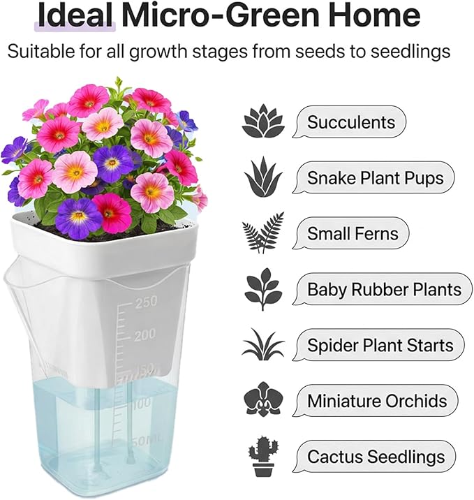 10 Pack 2.5" Self Watering Pots for Indoor Plants with Anti-Tip Tray & Reservoir Refill Bottle, Seed Starter Kit for Seedlings, Cuttings, Succulents, Herbs, 10 Plant Labels