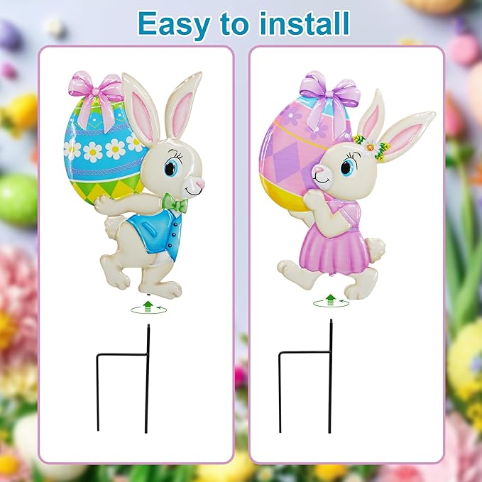 Yard Sign Stakes Made of Metal, Easter Yard Stakes with Bunny Egg for Easter Decorations Outdoor Garden Lawn Porch