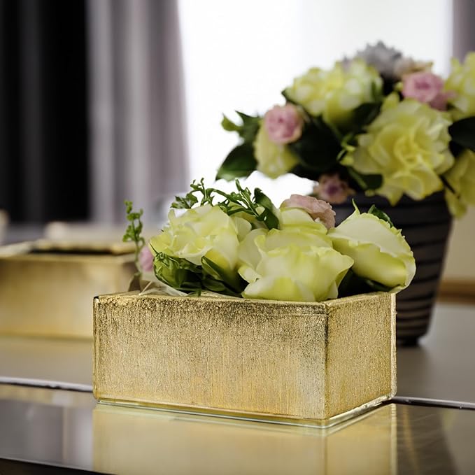 WGVI Long Rectangle Ceramic Planter Vase in Gold Etched 12" x 4" x 4"H, Block Rectangular Terrarium Box Pot, Flower Arrangement, Table top Centerpiece, Home Decor Storage Container, Bulk, 6 Pcs.