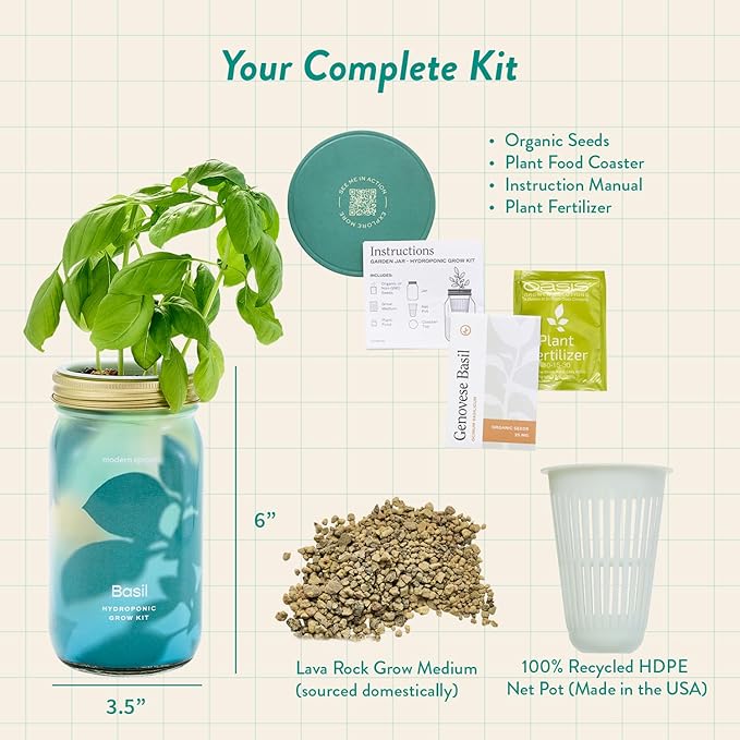 Modern Sprout Mason Garden Jar - Self-Watering Hydroponics Growing System Kit with Organic Herb Seeds - Jar Planter for Indoor Herb Garden - Seed Starter Kit - Home Decor & Gifting - Basil