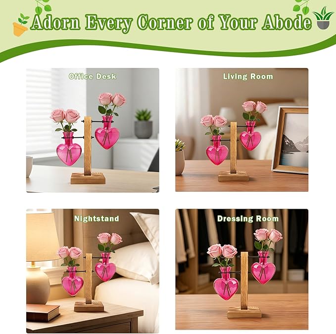 XXXFLOWER Plant Terrarium Wooden Stand Hydroponic Planter Bulb Glass Metal Swivel Holder Retro Air Plants Water Plants for Home Office Decoration,Gifts for Plant Lover Wife Mom- 2 Pink Love Bulb Vase