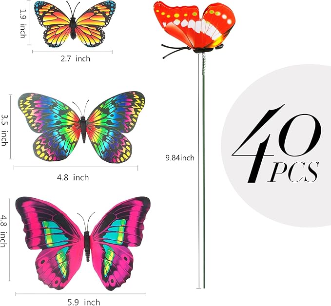 Teenitor 40 Pcs Butterfly Decorations Garden Decor, 5 Different Size PVC Waterproof Butterfly Garden Stakes, Yard Decorations Outdoor Garden Decor