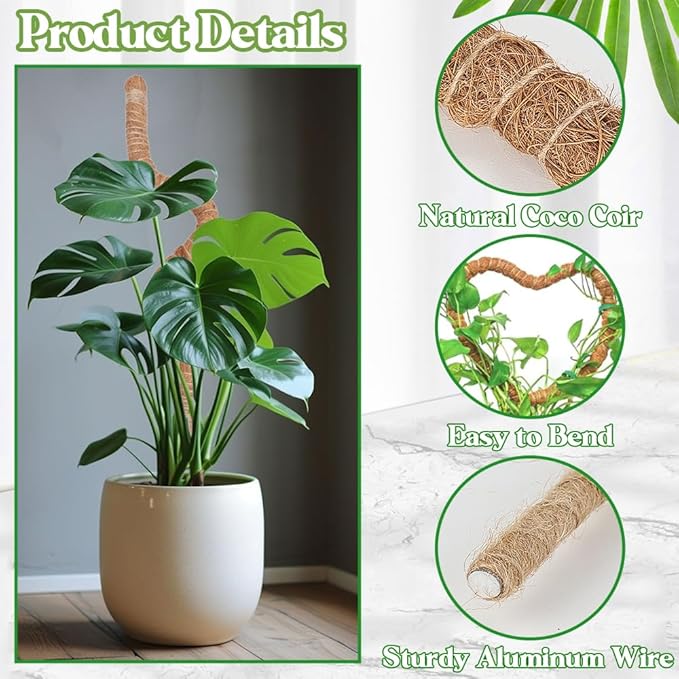 Moss Pole 2 Pack 32 Inch Monstera Plant Support Bendable Moss Pole for Monstera Plants Indoor Handmade Coco Coir Pole Plant Sticks Support Stakes for Potted Plants Philodendron to Grow Upwards