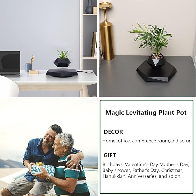 Floating Plant Pot for Small Plants, Magnetic Levitating Flower Pot Planter for Office Home Decoration, Black Hexagon Suspension Rotating Air Bonsai Planter Flower Pot