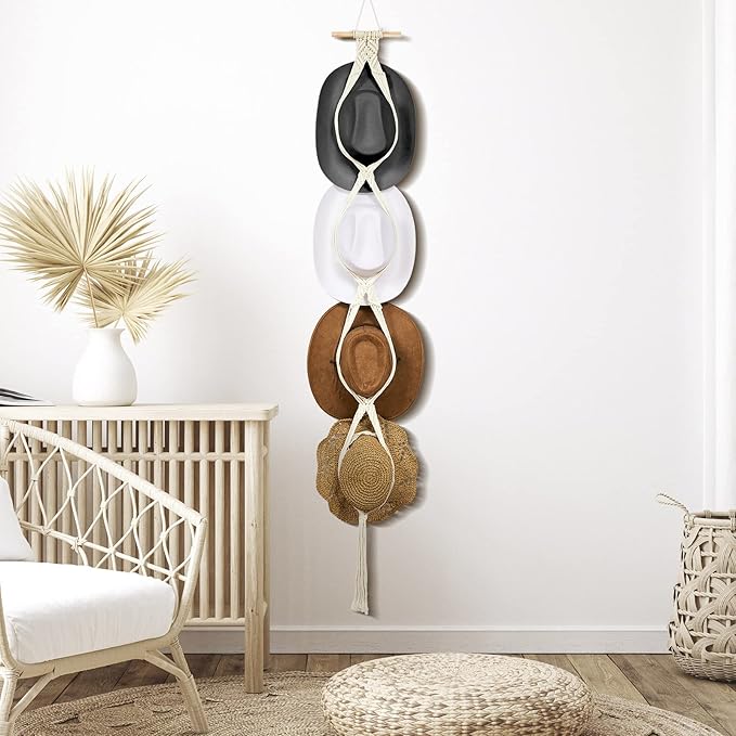 Yulejo Macrame Hat Hangers Boho Hat Rack Cowboy Hat Hanger Back of Door Hat Organizer (White,Four Hats Style)