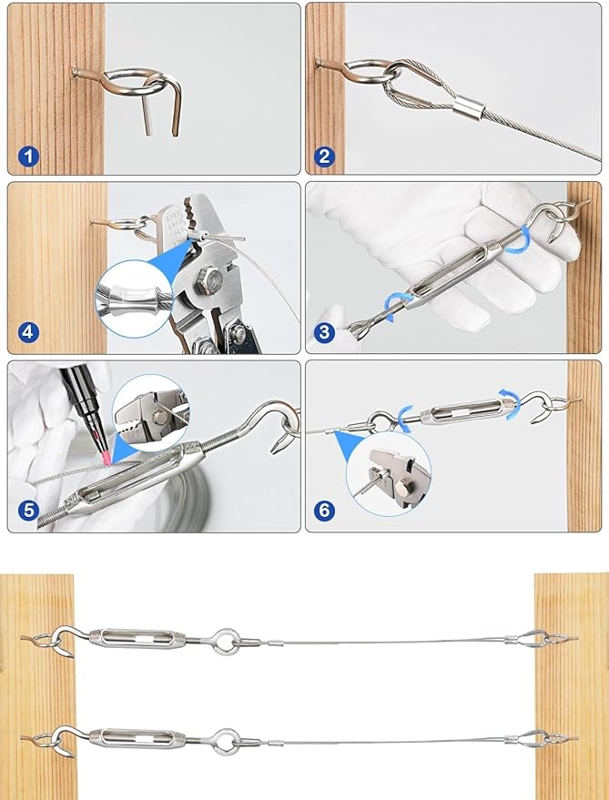 TooTaci M5 Turnbuckles for Cables Wire, 200ft 1/16 Stainless Steel Wire Rope with Tensioner Kit, 1/16 Vinyl Coated Steel Cable for Outdoor Lights Hanging, Climbing Plants, Trellis and Fences