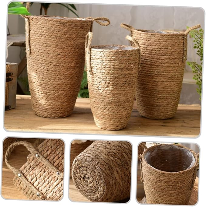 YARNOW Woven Flower Basket Plants Pots Indoor Seagrass Storage Vintage Vase Large Planters for Indoor Plants Rattan Multi-Purpose Garlic Seaweed