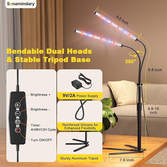 Grow Lights for Indoor Plants, Full Spectrum LED Plant Light with 9.8-35 in Tripod Stand, 120 LEDs 5700K, 4/8/12H Auto Timer, 5 Brightness Levels