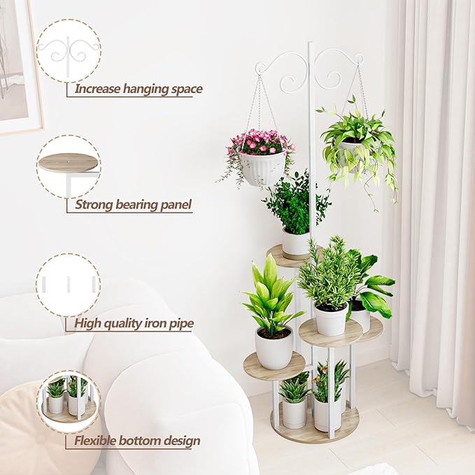 INGIORDAR Plant Stand Indoor Outdoor Corner Plant Shelf for Multiple Flower Pots Flower Stand Holder for Patio Garden Balcony Living Room (White+Sonoma Oak, 5 Tier with Hook)