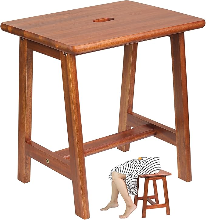 Rectangular Acacia Wood Stool (16.7"D x 13"W x 17.7"H) - Small Bench Seat, End Table, Bathroom, Plant, Makeup Stool - Perfect for Living Room, Bathroom (Light Brown)