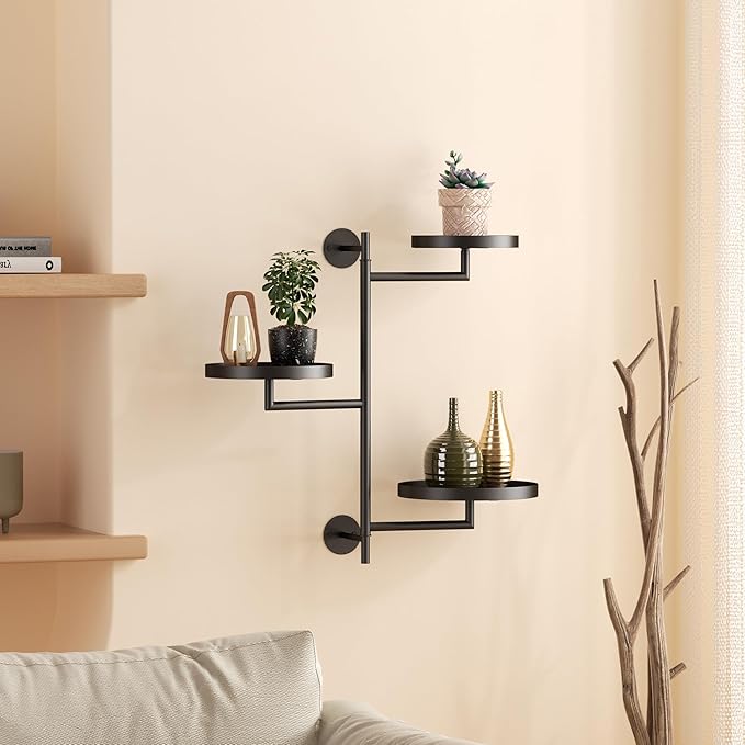 YQSLYSF Window Rotating Plant Stand Shelf Indoor Black Metal Floating Shelves 3-Tier Wall Mount Plant Holders for Living Room Wall Planter Modern Home Decor for Gardening
