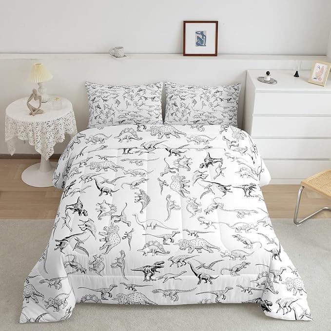Feelyou Dinosaur Bedding Set Full Size 3D Digital Print Comforter Set for Kids Boys Girls Decor Jungle Dino Comforter Wild Animal Black and White Duvet Set Bedroom Quilt Set