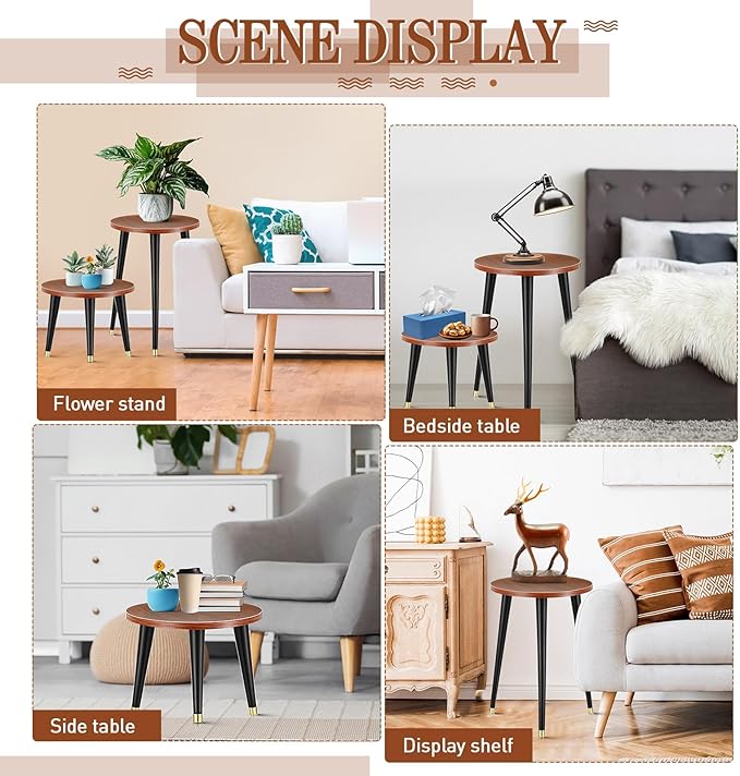 Briwooody 2 Pcs Indoor Plant Stand Mid Century Vintage Wood Modern Flower Pots Holder Round Side Table End Table Plant Stools for Living Room Corner Balcony Decor(Walnut Wood Color)