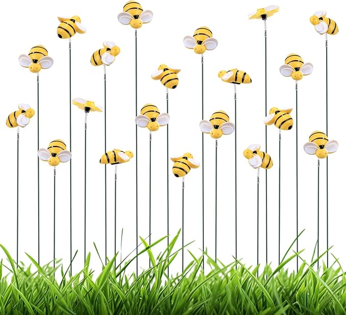 NQEUEPN 20pcs Bee Garden Stakes Decor, Resin Bee Yard Stakes Vivid Garden Stakes Decorative Bee on Stick Yard Art Decorations for Pot Lawn Patio Corridor Flower Bed Outdoor Plant