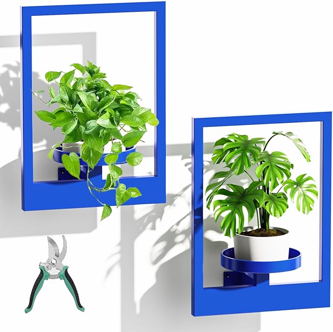 Wall Plant Shelf, Hanging Frame Decor Planter for Indoor Plants, Wall Plant Holder for Living Room/Entryway/Garden Flower Pot Holder Free Garden Shears (Square-Blue, 2pcs)