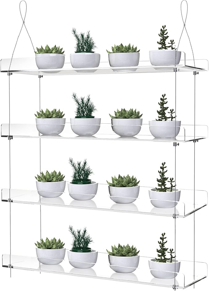 4-Tier Floating Acrylic Plant Shelf – Each Tier 16 Inch Long, Height Adjustable for Indoor Garden, Ideal for Herbs & Flowers in Sunlit Spaces