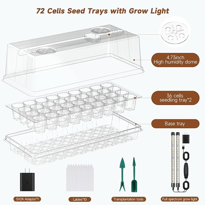 72 Cells Seed Starter Tray with Grow Light, Seed Starter Kit Full Spectrum with 5 Dimmable Brightness & Timer, Indoor Plant Grow Tray for Beginners & Seasoned Gardeners, Gardening Gifts, White
