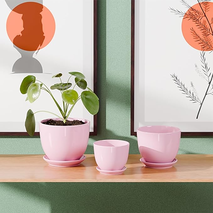 Pink Ceramic Flower Pots,Indoor Decorative Plant Pots Set of 3-4"+5"+6" Inch Small Glazed Succulent Planters with Drainage Hole,Modern Garden Pots with Saucer
