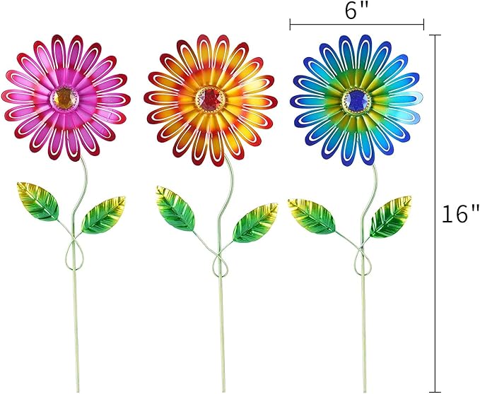 Metal Flower Garden Stakes 3 Pcs, Weatherproof Rust Resistant Yard Art for Outdoor Patio Lawn Pathway Decorations