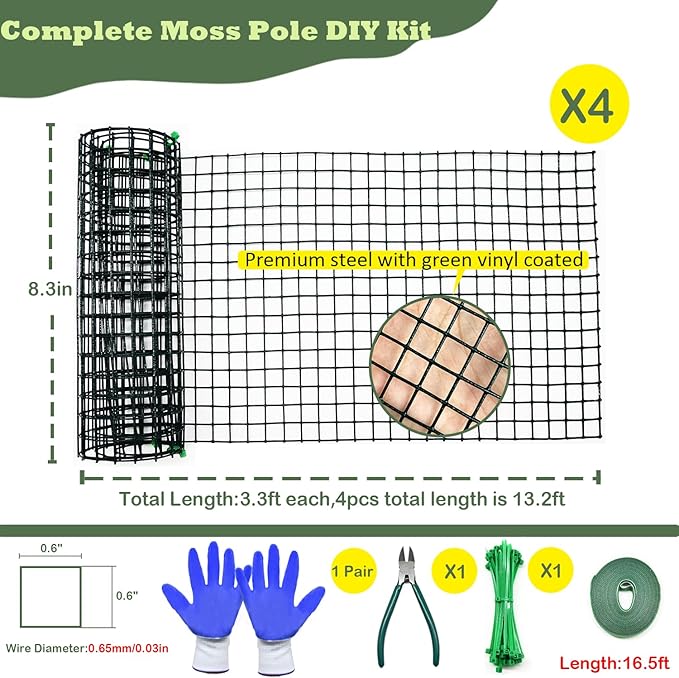 Moss Pole DIY Kit, 13.2ft Metal Moss Pole for Plants Monstera, 4Pcs 8.3in×3.3ft Steel Moss Pole Mesh with Plier, Cable Ties, Sphagnum Moss Pole (13.2ft Wire Mesh with Plier)