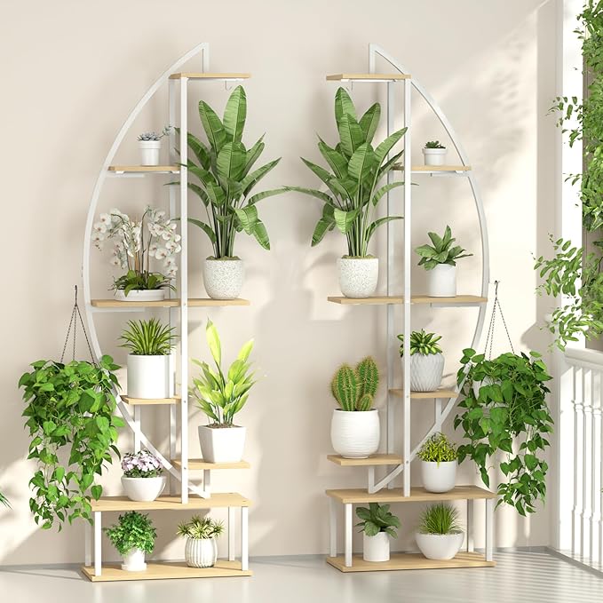 Plant Stand Shelf Indoor with 6 Grow Light, 7 Tiered 65" Tall White Large Half Moon Lighted Plant Rack Holder, 2 Pack Big High Circular Arch Multi Herb Stand with Built in LED Grow Light Set