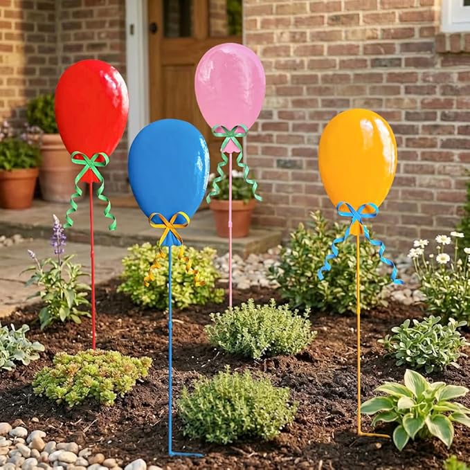 32" Decorative Garden Stakes Set of 4, Happy Birthday Yard Stakes, Metal Balloon Yard Art, Rustproof Metal Garden Decor & Yard Decorations Outdoor, Metal Flowers for Outside in 4 Colors