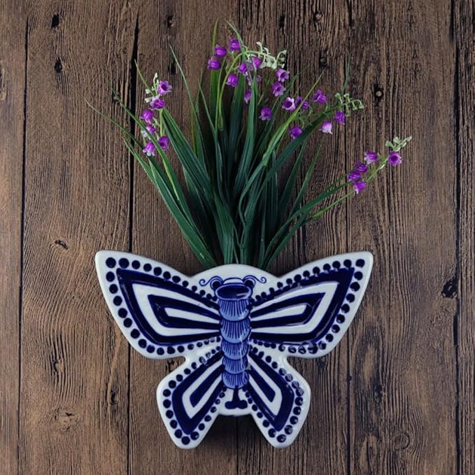 Blue & White Porcelain Wall Vase,Butterfly Shape Hydroponic Vase Wall Planter for Indoor, Outdoor (B)