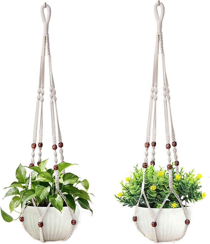 35 Inch Macrame Plant Hanger, Hanging Planter Basket with Wood Beads, Decorative Flower Pot Holder for Indoor Outdoor Boho Home Decor, Set of 2 (Ivory)
