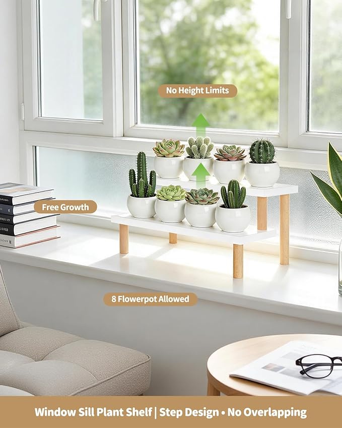 2 Tiered White Table Top Plant Stand, 15mm Thick Wooden Desktop Succulent Stand , Small Window Sill Plant Shelf for Indoor Kitchen,Countertop,Office Desk, Ladder Shelf,Modern,(14.2")
