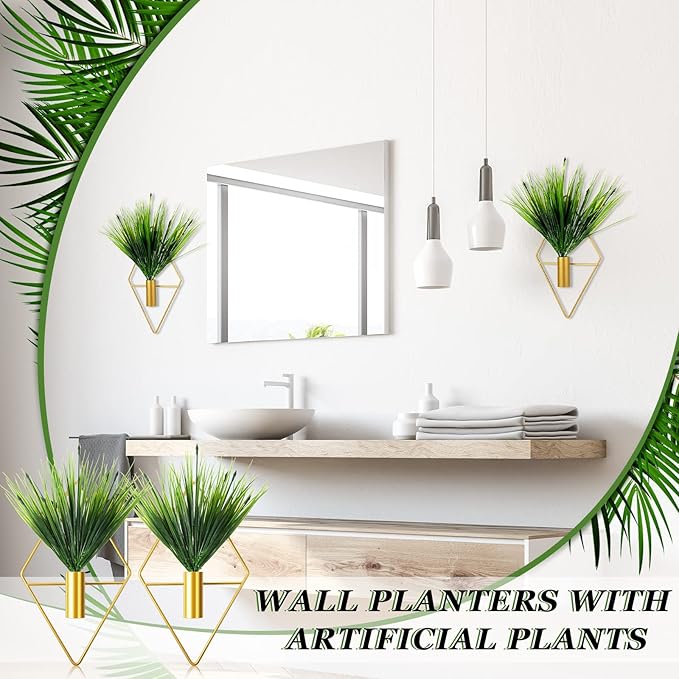 Canlierr 2 Pieces Gold Wall Decor Hanging Planters with Artificial Plants Metal Vase Indoor Plants Holder Modern Geometric Wall Art for Home Bathroom Bedroom Living Room Office(Aquatic Plant,Small)