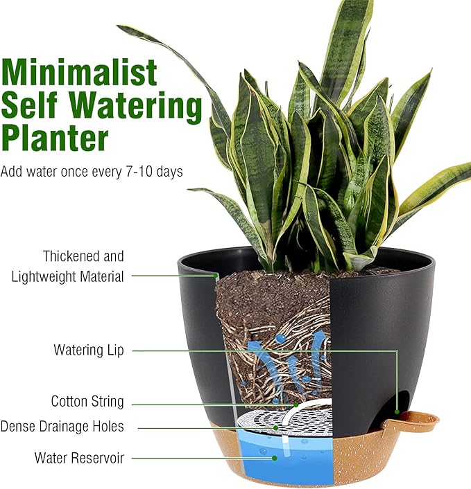 UOUZ 10/9/8 inch Self Watering Pots, Set of 3 Plastic Planters with Mesh Drainage Holes and Deep Reservoir for Indoor Outdoor Garden Plants and Flowers, Black with Brown