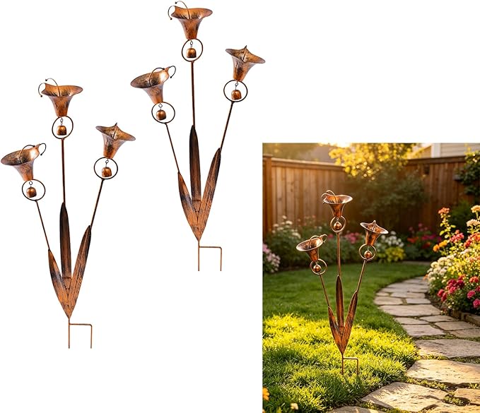 Flamed Copper Calla Lily Garden Stake with 3 Bells - 24" Large Metal Rain Catcher Flower Sculpture, Weather-Resistant Outdoor Yard Art Decor for Patio, Backyard & Gardening Gift (2 pcs)