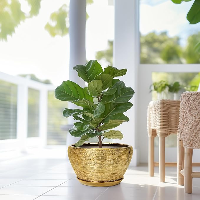 Ceramicfor Ceramic Planter 13 Inch - Indoor Plant Pot with Drainage Hole and Saucer Large Ceramic Pot for Plants Mid-Century Decorative Modern Outdoor Flower Pot for Home Decor Gold