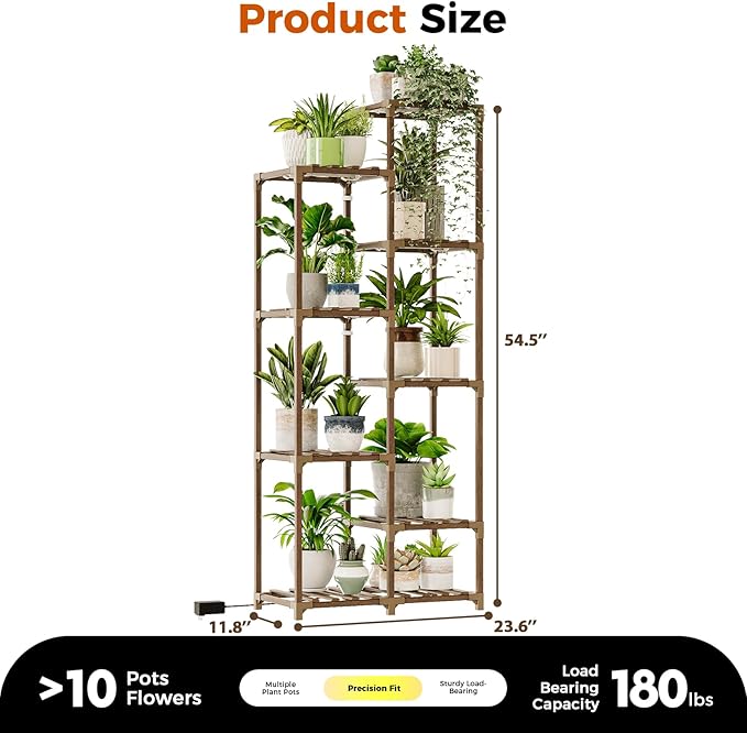 Bamworld Plant Stand with Grow Lights Indoor Outdoor 9 Tier Tall Large Wood Plant Shelf Multi Tier Flower Stands Garden Shelves Wooden Plant Display Holder Rack for Living Room Corner