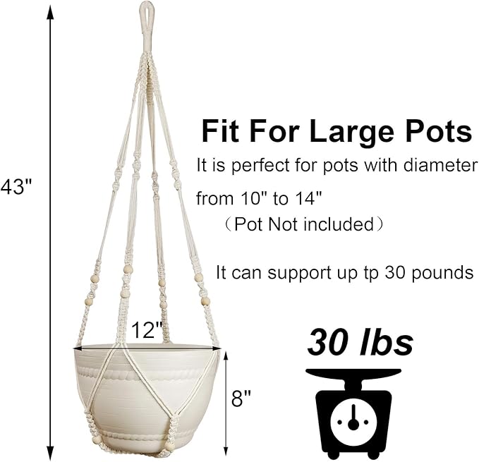 Bouqlife 43 Inches Macrame Plant Hanger Large for 14 inch Pot Extra Long No Tassel Cotton Rope Hanging Plant Holder with Ceiling Hook Bohemian Home Décor Beige 2Pack