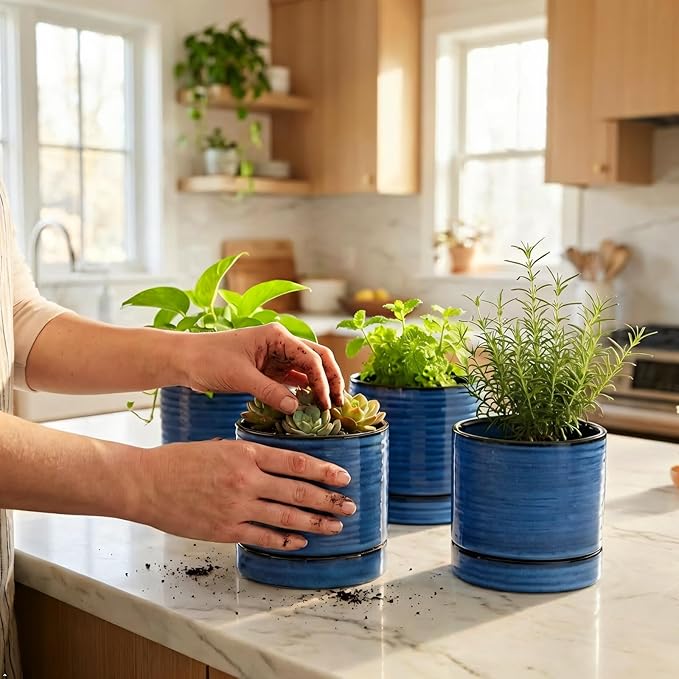 HASENSE Ceramic Indoor Plant Pots, 4.6 Inch Small Flower Planters with Drainage Hole and Saucer, Vintage Reactive Glaze Blue Pots for Succulents, Cactus, Herbs, Home Decor, Set of 4