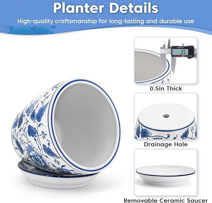 HakkaGirl 8 inch Ceramic Planters for Indoor Plants, Chinoiserie Decor Ceramic Pots for Plants Flower Plant Pots Indoor with Drainage and Saucer, Blue and White