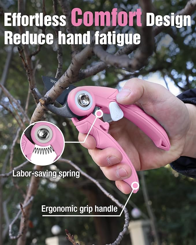 WORKPRO 2-Pack 6.9" Garden Pruning Shears, Bypass & Straight Gardening Scissors with SK5 Steel Blade, Handheld Garden Floral Clippers for Rose, Plants, Flowers, Gardening Gifts for Women, Pink Ribbon